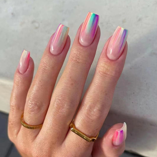 Ballerina Coffin Shape, Pastel Rainbow Gradient Tips, 24 Pieces, Press on Nails
