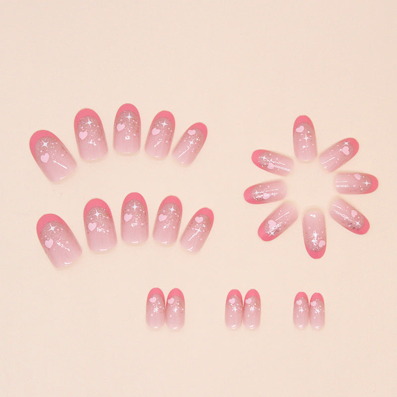 Pink Almond Stiletto with Glitter Hearts and Crystals, Romantic Design, Set of 24, Press-On Nails