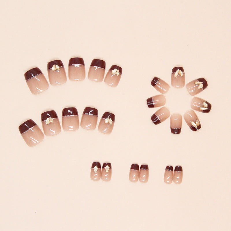 Burgundy French Tip with Gold Foil Design, Nude Base Square Artificial Press-on Nails