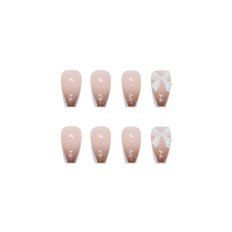Nude Glitter French Tip Coffin Press-On Nails – 3D White Bow Glossy Nail Set (Set of 12)