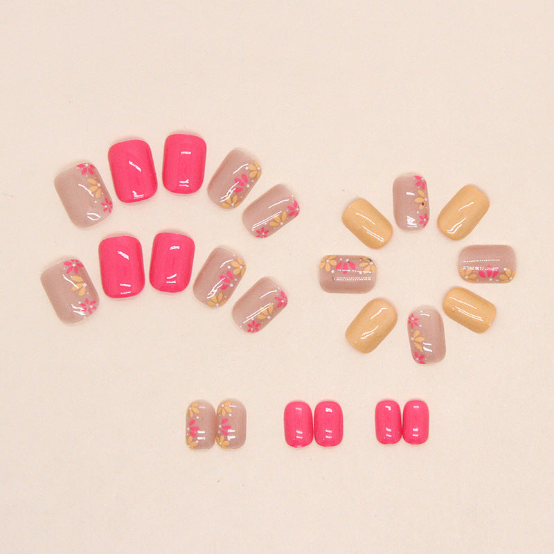 Short Square Press-On Nail Set – Hot Pink & Peach Floral Nails | Glossy Reusable False Nails (Set of 24 Pieces)