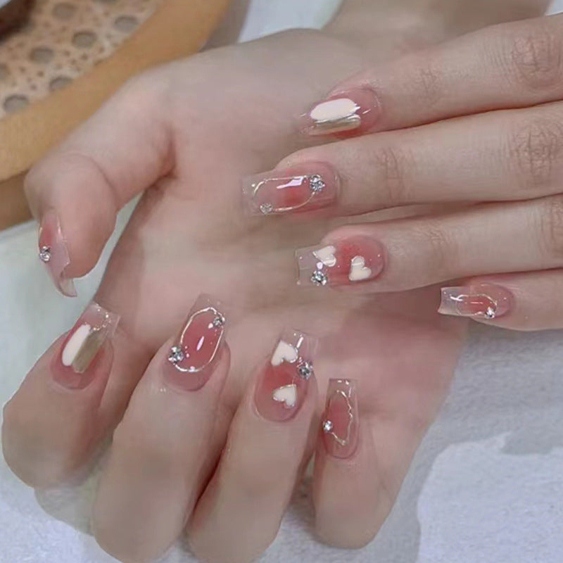 Clear Pink with White Hearts and Rhinestones, Square Tips, Press on Nails