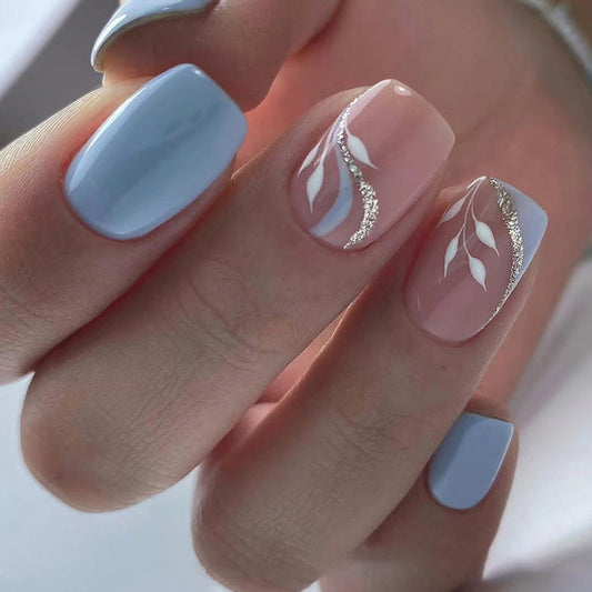 Elegant Nail Art Design Set, Light Blue and Pink with Silver Glitter Accents, White Floral Pattern, Press on Nails