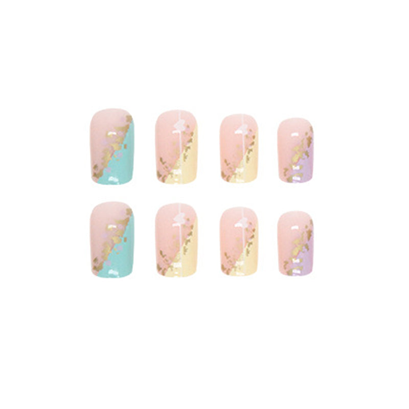 Square Press-On Nail Set – Pastel Pink Gradient with Gold Foil & Butterfly Accents | Glossy Reusable False Nails (Set of 24)