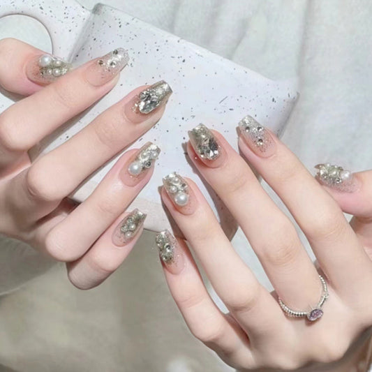 Pearl and Silver Glitter, Almond Shape, Elegant Wedding Style, 12 Pieces, Press-On Nails