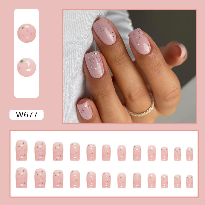 Pink Crystal Confetti Square Press On Nails – 24 Piece Glossy Glitter Flake Set