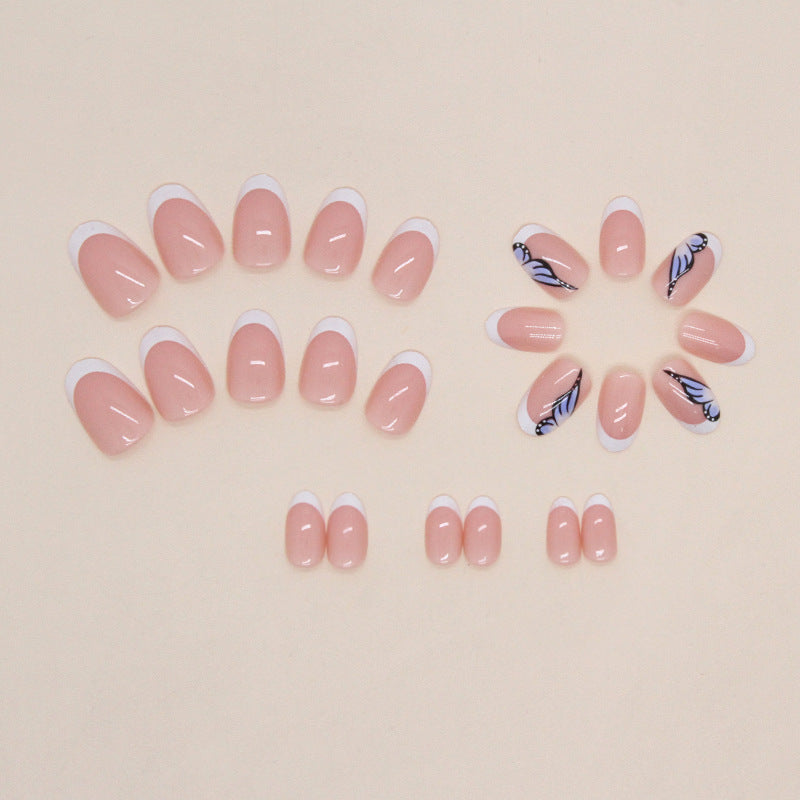 French Manicure with Butterfly Design, Oval Shape, Nude and White, Press-On Nails