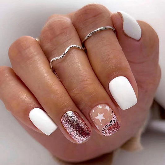 Pink Glitter and White with Star Pattern, 24 Pieces, Press on Nails