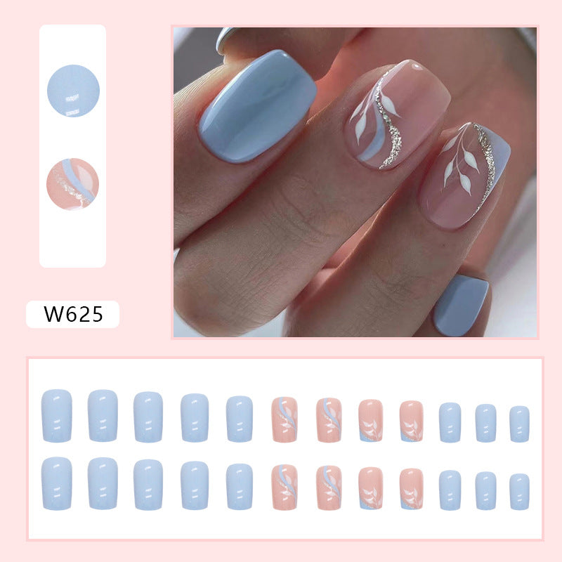 Elegant Nail Art Design Set, Light Blue and Pink with Silver Glitter Accents, White Floral Pattern, Press on Nails