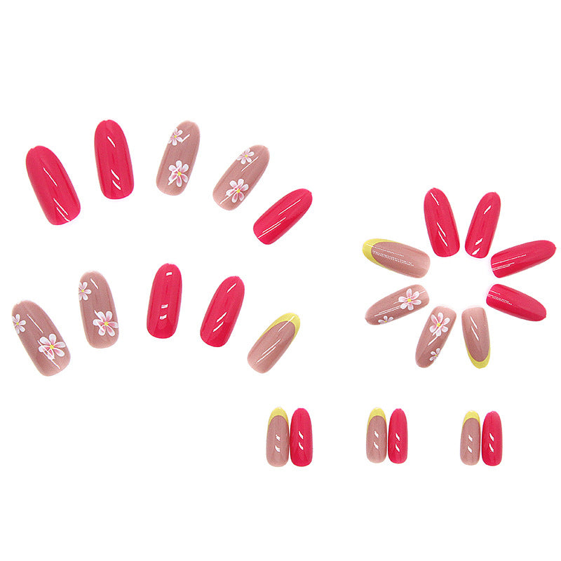 Almond Pink and Hot Pink Floral Nail Art Set, Long Stiletto with Daisy Design, Press-on Nails