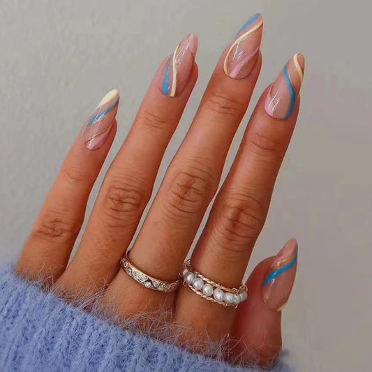 Pink with Blue and Gold Stripe Design, 24 Pieces, Artificial Press-On Nails