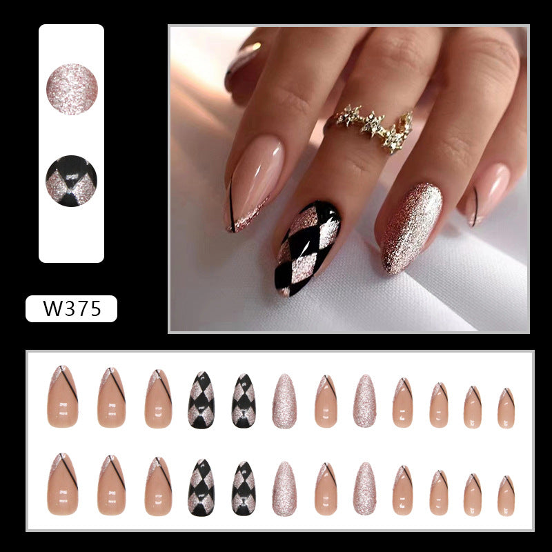 Almond Press-On Nail Set – Pink Nude with Black & Silver Harlequin, Glitter Accent | Glossy Reusable False Nails (Set of 24)