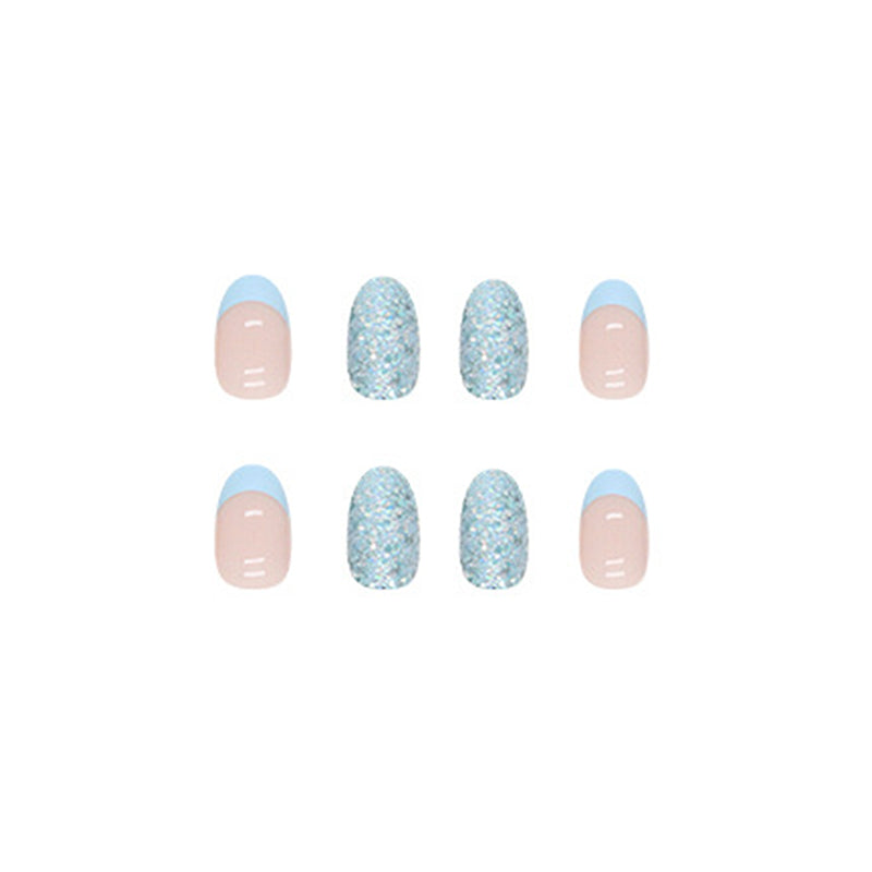 French Manicure Style with Blue Tips and Glitter Accent, Press-On Nails