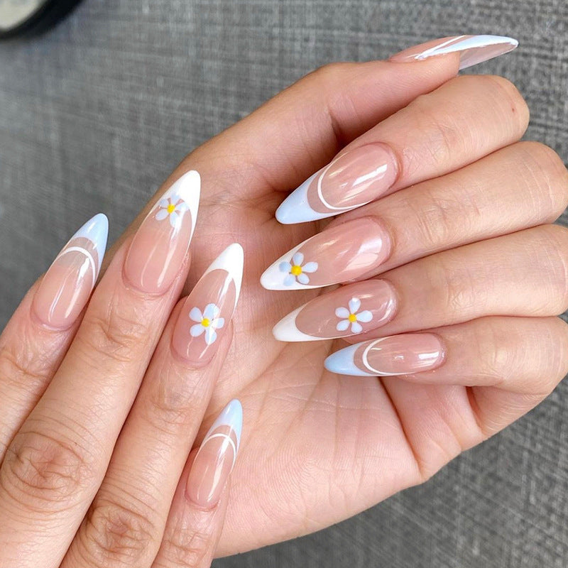 French Tip with Daisy Design, White and Blue Gradient Tips, Stiletto Shape, Press-On Nails