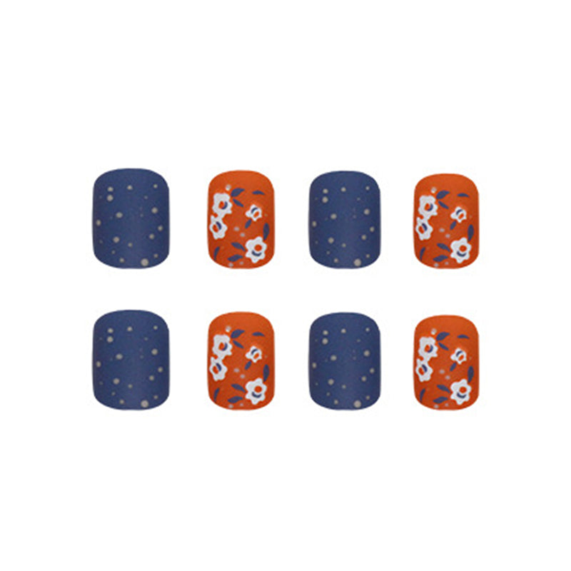 Matte Nail Art Set, Orange Floral and Navy Blue Design, Mixed Pattern Manicure, Press on Nails