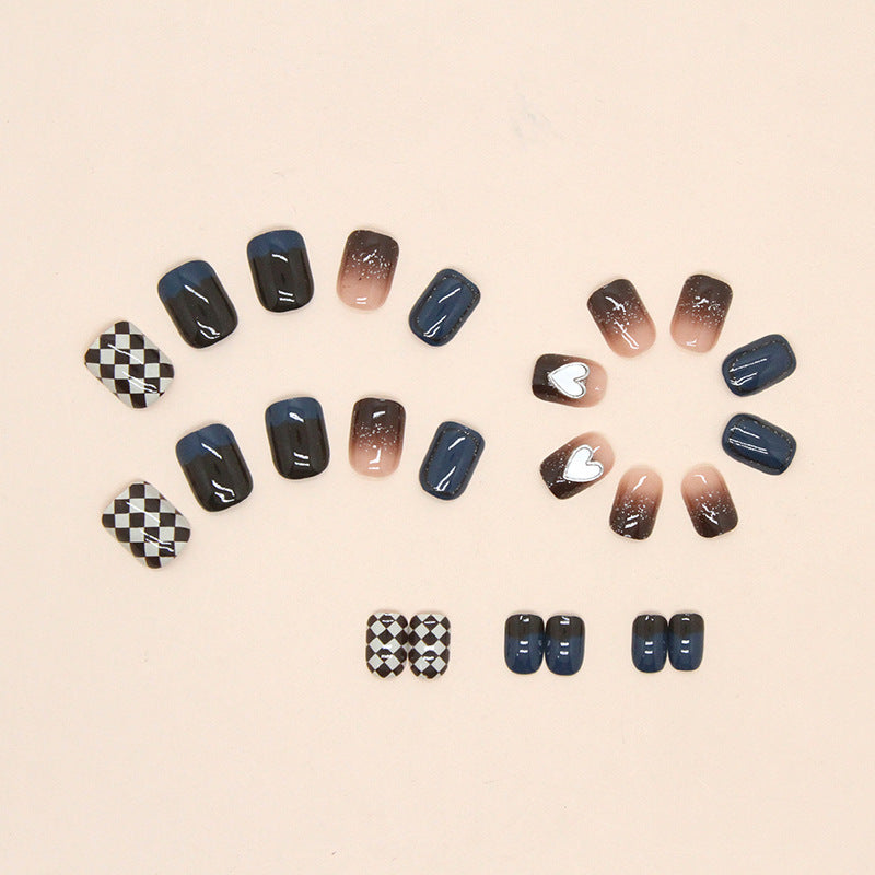 Navy Blue and White Checkered Pattern, Heart Design, 12 Pieces, Press on Nails