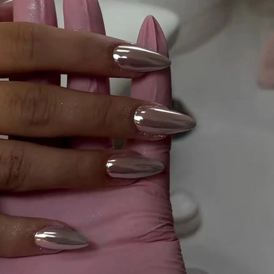Chrome Mirror Effect, Metallic Silver, Almond Shape, Long Length, Press-On Nails