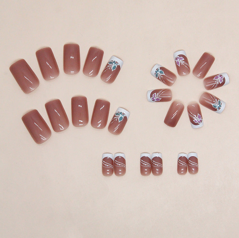 French Manicure Nail Art Set, Butterfly Design with Pink and Blue Accents, White Tips, Press on Nails