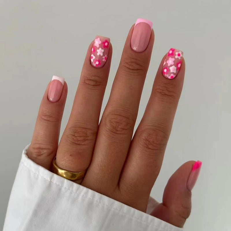 Pink Floral French Manicure, Artificial Nail Tips with Flower Design, 24 Pieces, Press-on Nails