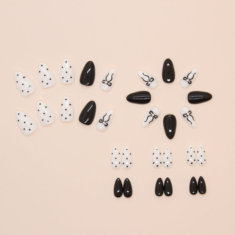 Black and White Butterfly Design, Polka Dot Pattern, Long Oval Shape, Almond Press-On Nails