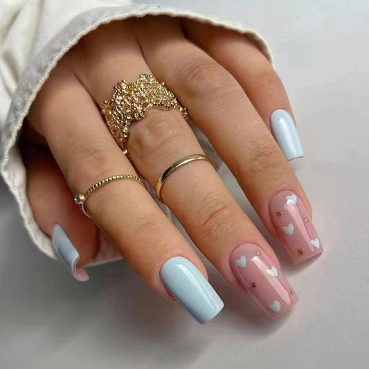 Pink and Blue Heart Pattern, 24 Pieces, Artificial Press-On Nails