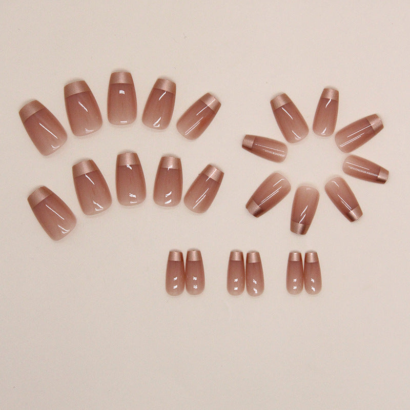 Nude Pink French Tip, Rose Gold Metallic Tips, Square Shape, Medium Length, Press-On Nails