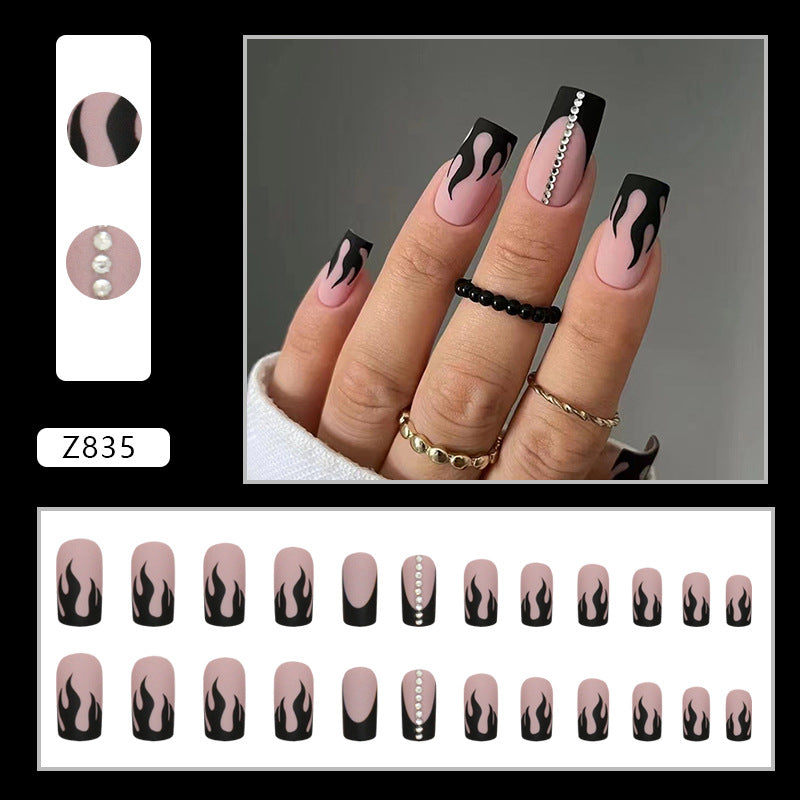 Pink with Black Flame Design, Rhinestone Accent, 12 Pieces, Press on Nails