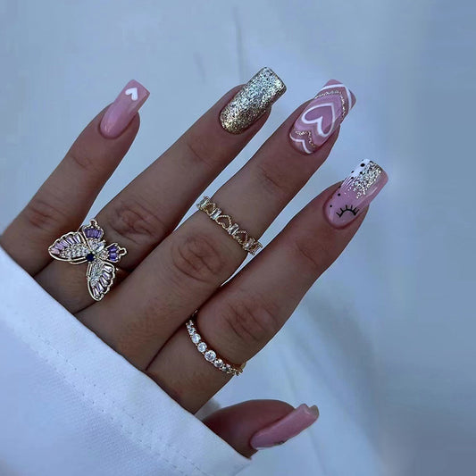 Pink and Silver Glitter Design with Hearts and Eyelash Pattern, Press-On Nails