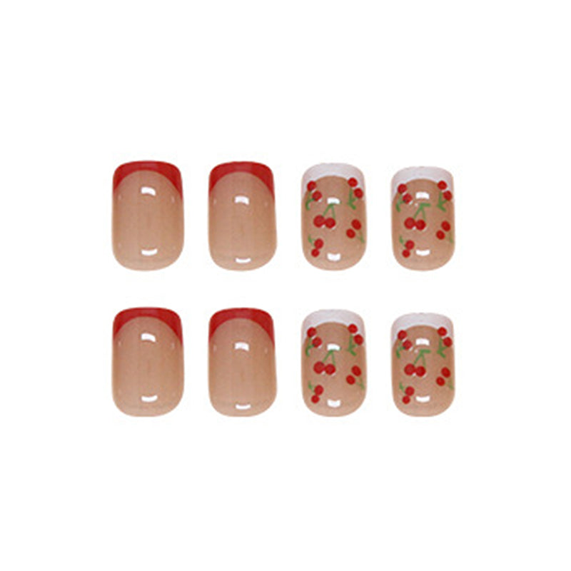 Cherry Design, Red and White Manicure Set, French Tip Press-On Nails