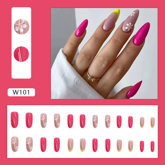 Almond Pink and Hot Pink Floral Nail Art Set, Long Stiletto with Daisy Design, Press-on Nails