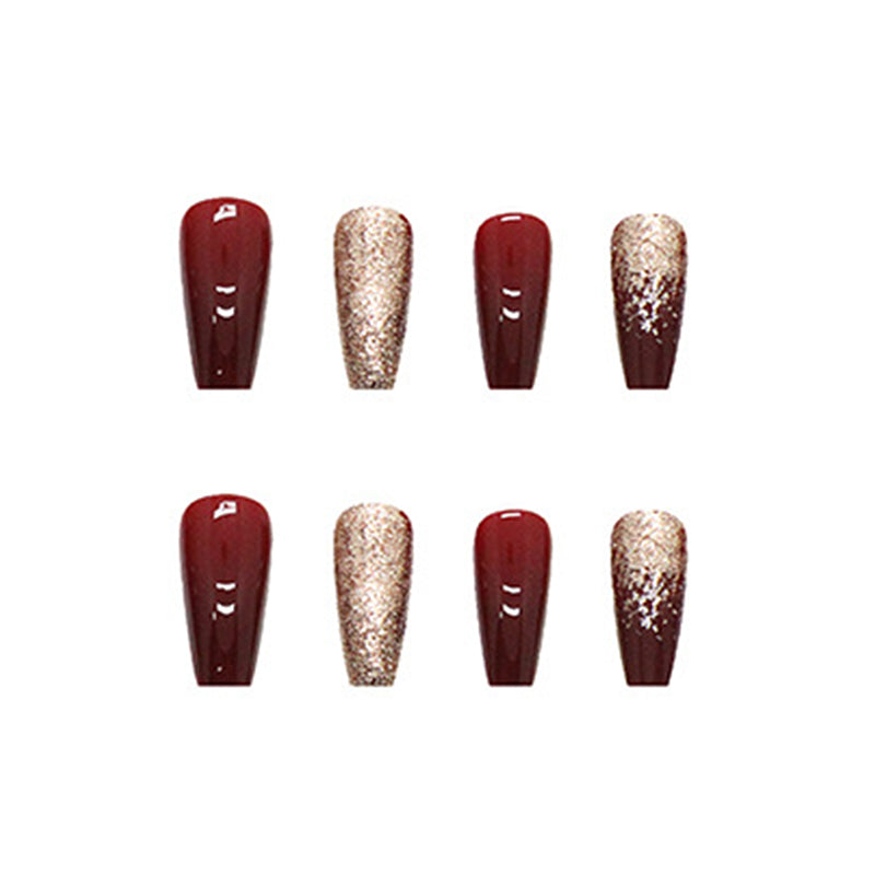 Elegant Burgundy and Gold Glitter Coffin Nails, Long Nails Set, Gradient Ombre Design, Press-on Nails