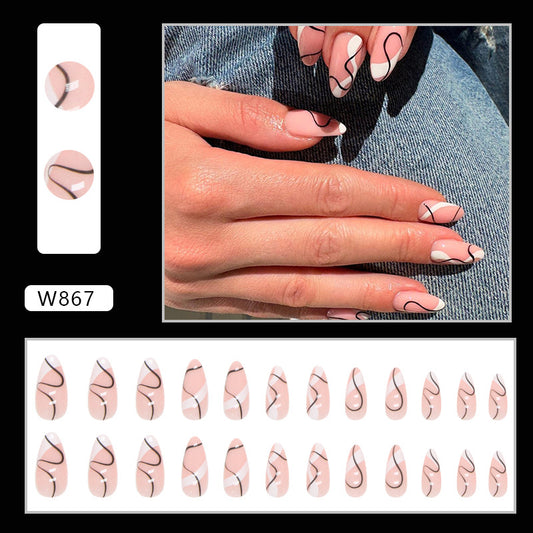 Abstract French Tip Nail Art Design, White Tips with Black Swirl Pattern, Modern Manicure Press on Nails