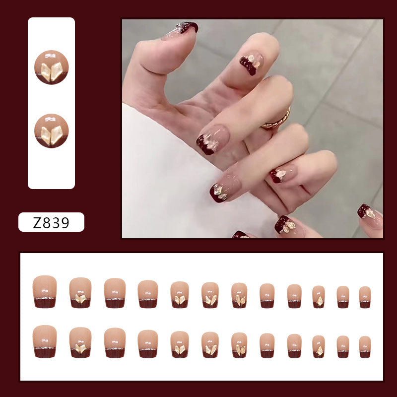 Burgundy French Tip with Gold Foil Design, Nude Base Square Artificial Press-on Nails