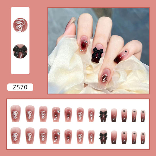 Burgundy Ombre with Black Bow Design, Rose Pattern, 12 Pieces, Press on Nails