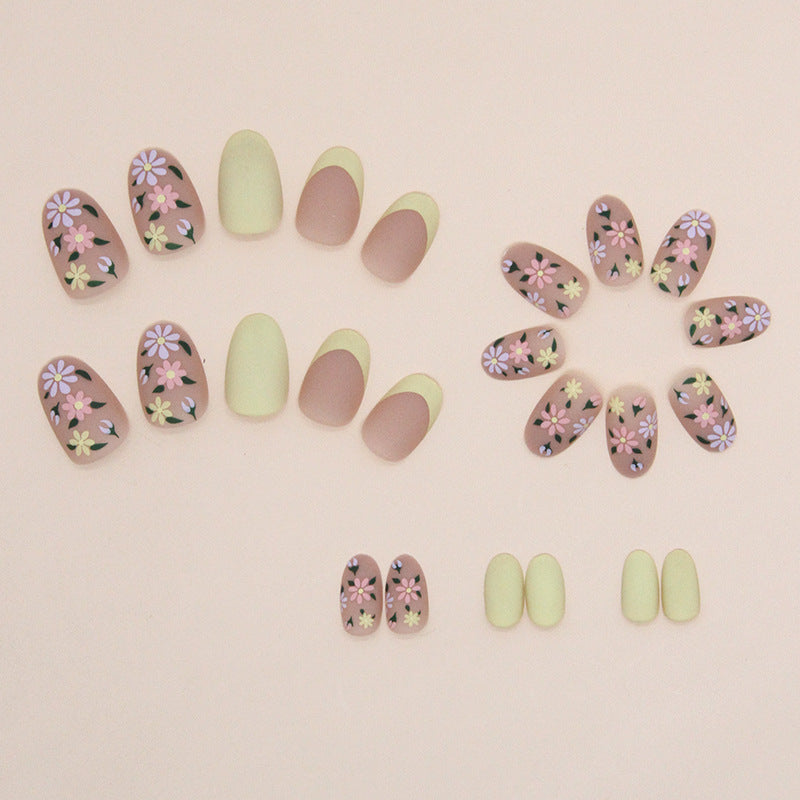Spring Floral Nail Art Set, Almond Shape, Matte Finish, Yellow and Pink Design, Press on Nails