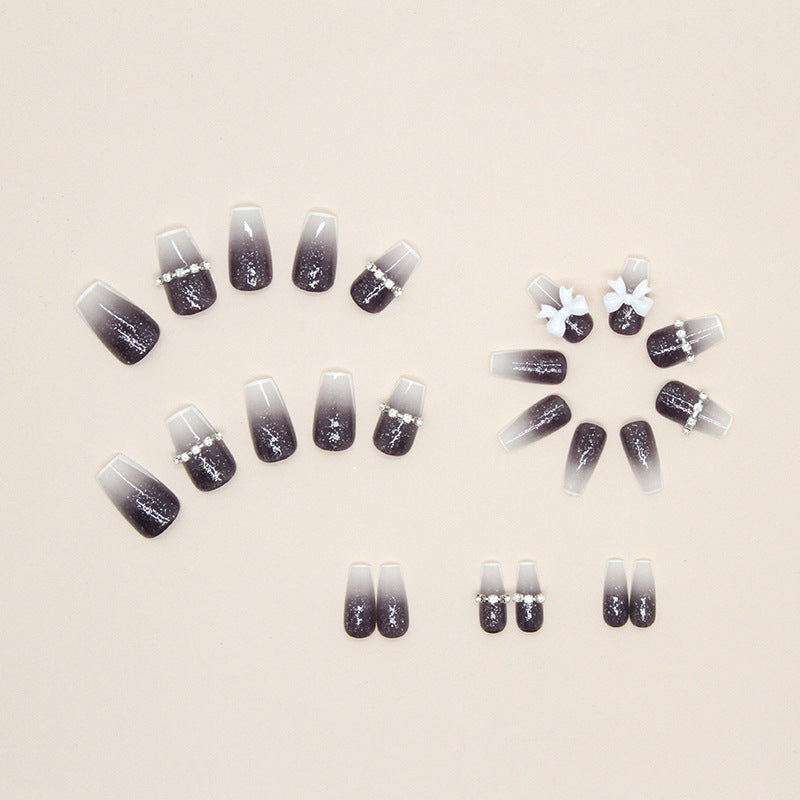 Glitter Gradient with 3D Bow Design, Purple to White Ombre, Square Tips, Press-On Nails