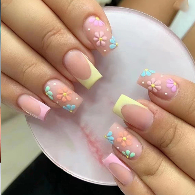 Pastel Spring Floral French Tip, Pink and Yellow Tips with 3D Flower Design, Artificial Nail Set, Press-on Nails