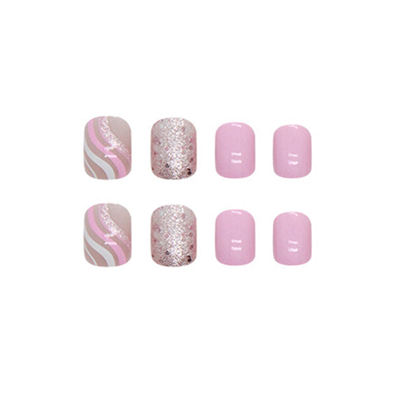 Pink Glitter Nail Art Set, Short Square Nails with Wave Design, Light Pink and Rose Gold Manicure, Press on Nails