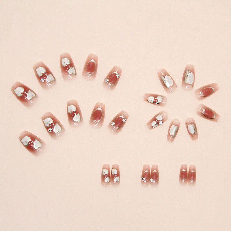 Clear Pink with White Hearts and Rhinestones, Square Tips, Press on Nails