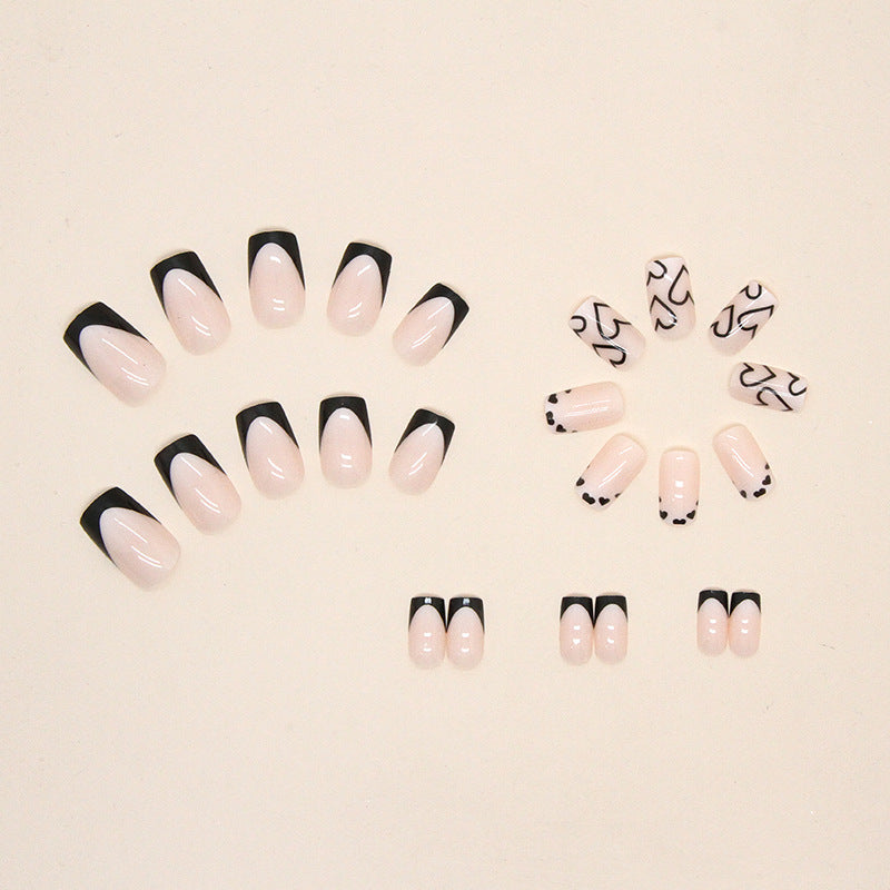 French Tip Set, Black and Nude Pink Design, 24 Pieces, Press-On Nails