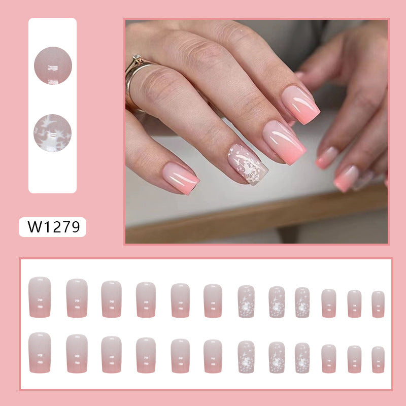 Pink Ombre French Manicure with Floral Accent, Square Tips, Press on Nails