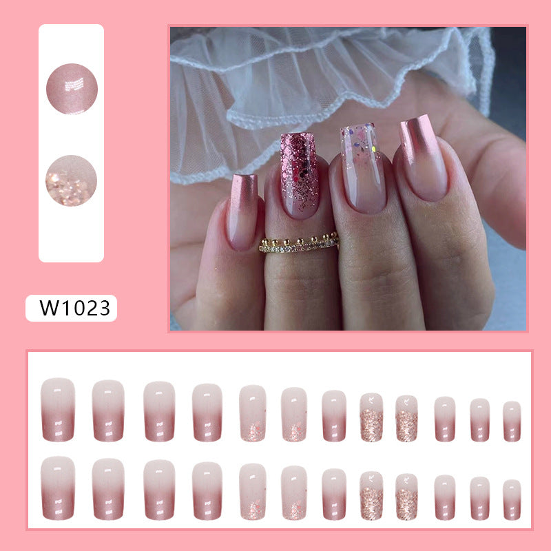 Rose Gold Chrome French Tips with Glitter Accent, Square Shape, 24 Pieces, Press-On Nails