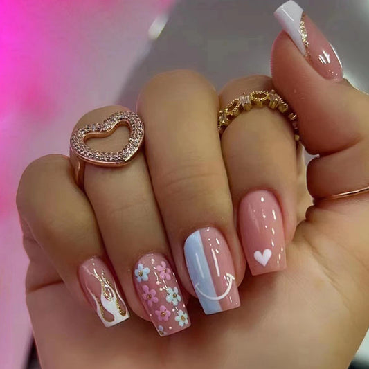 Fake Nails Set, French Manicure Tips with Heart and Floral Designs, Pink and Blue, 24 Pieces, Press on Nails