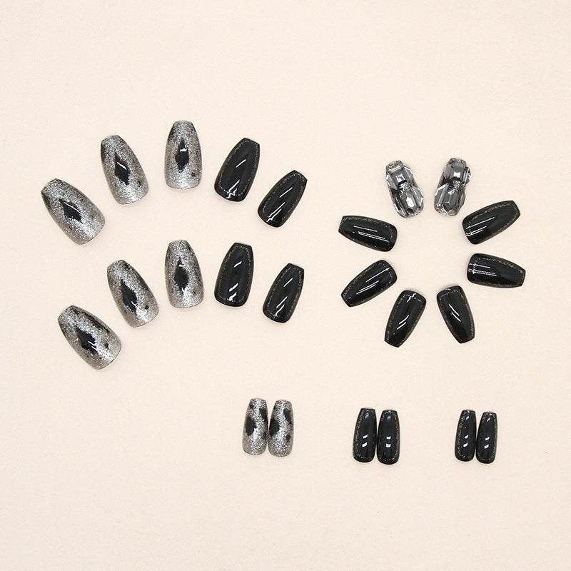 Coffin Shape, Black and Silver Glitter, Press on Nails