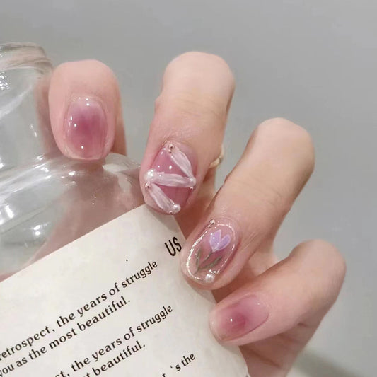 Pink Gradient with Bunny Pattern and Abstract Design, Short Square Manicure Tips, Press on Nails