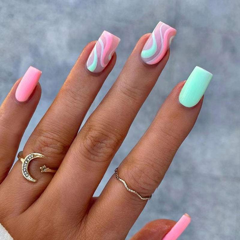 Pink and Mint Green, Marble Wave Design, Artificial Press-On Nails