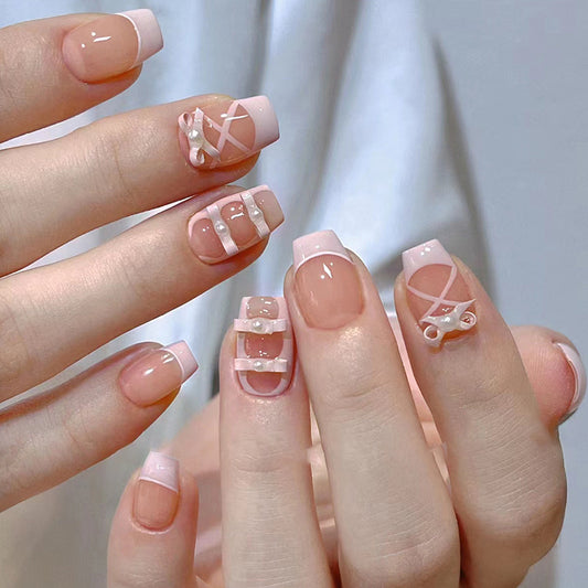Pearl White Design with Rhinestones, Elegant Wedding Style, French Tip Press-On Nails