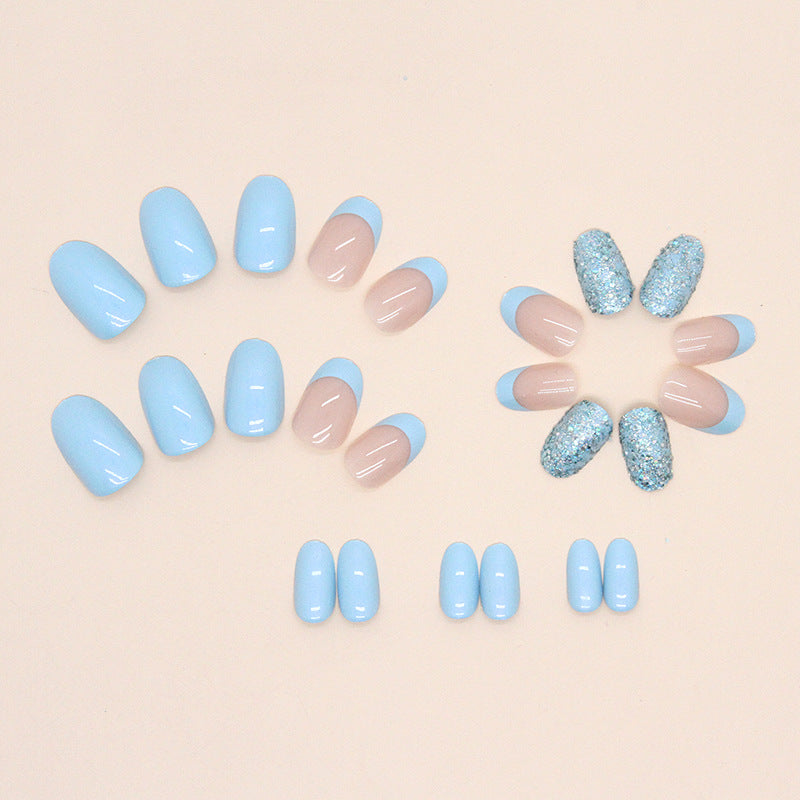 French Manicure Style with Blue Tips and Glitter Accent, Press-On Nails