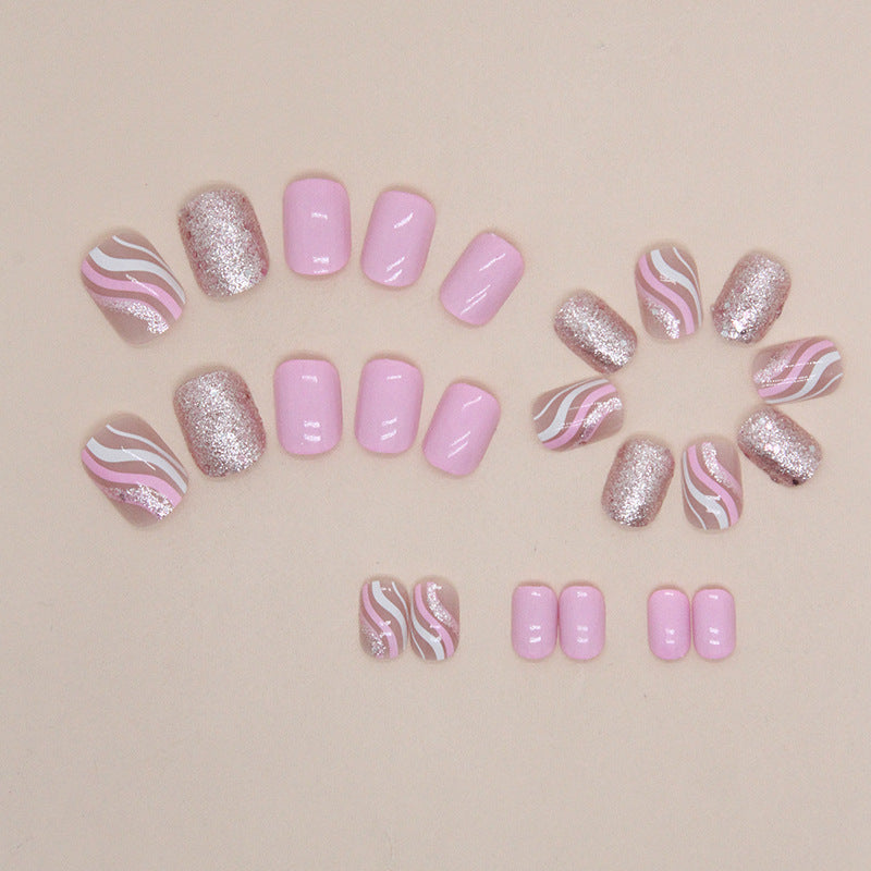 Pink Glitter Nail Art Set, Short Square Nails with Wave Design, Light Pink and Rose Gold Manicure, Press on Nails