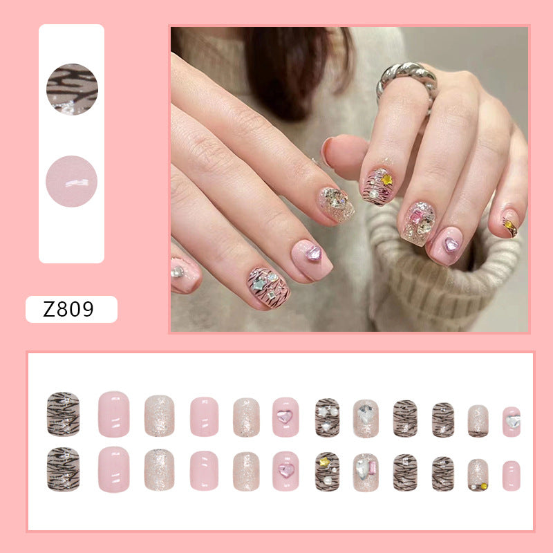 Decorative Nails, Pink Base with Glitter and Rhinestone Design, Short Length, Press-On Nails